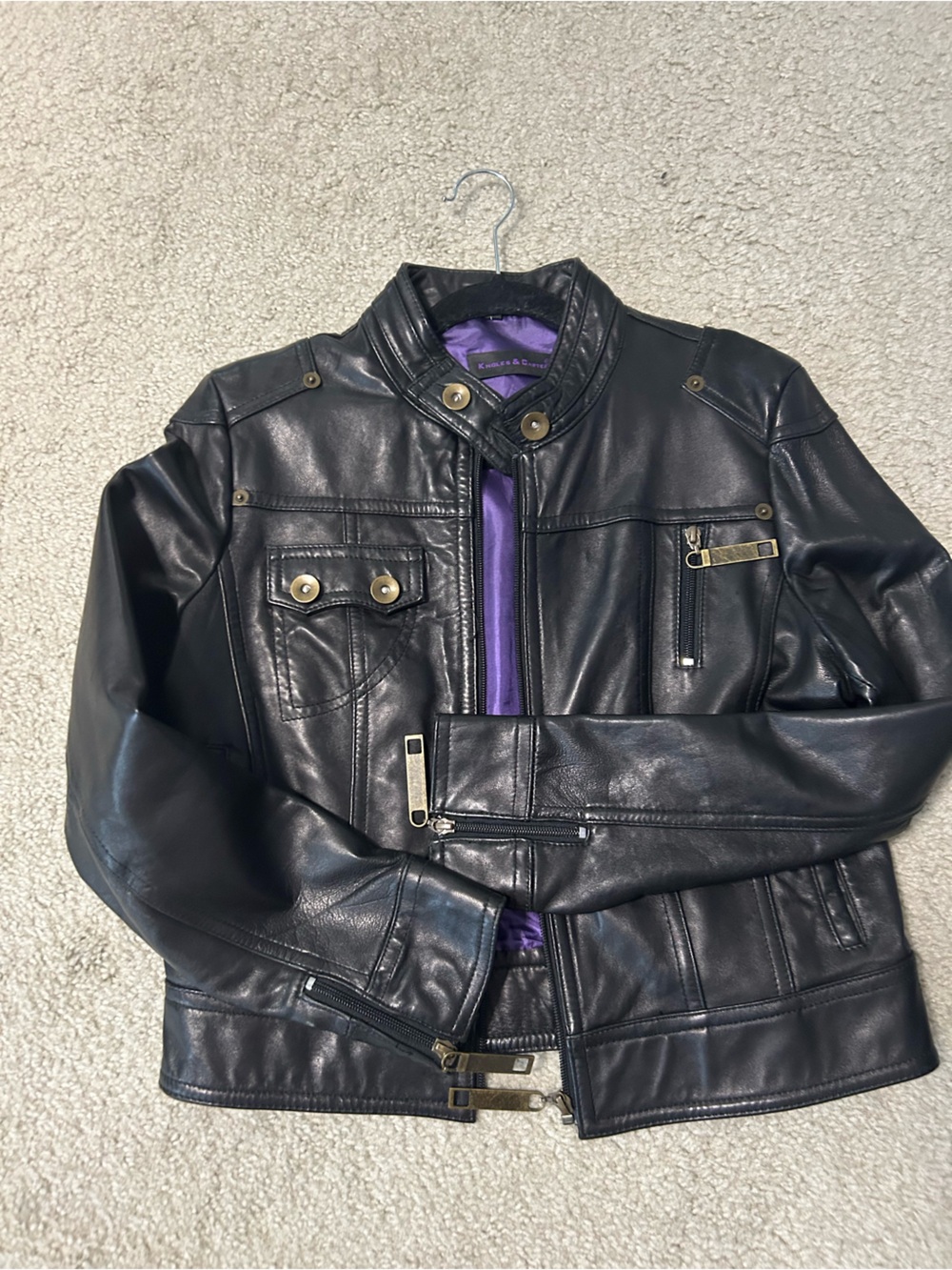 Black Leather Jacket with Purple Lining